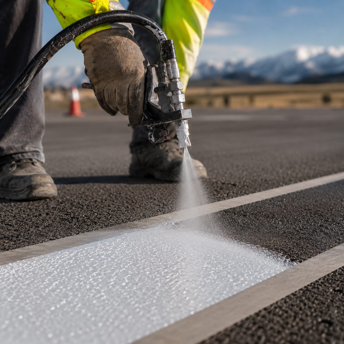 Fresh epoxy road stripe close-up