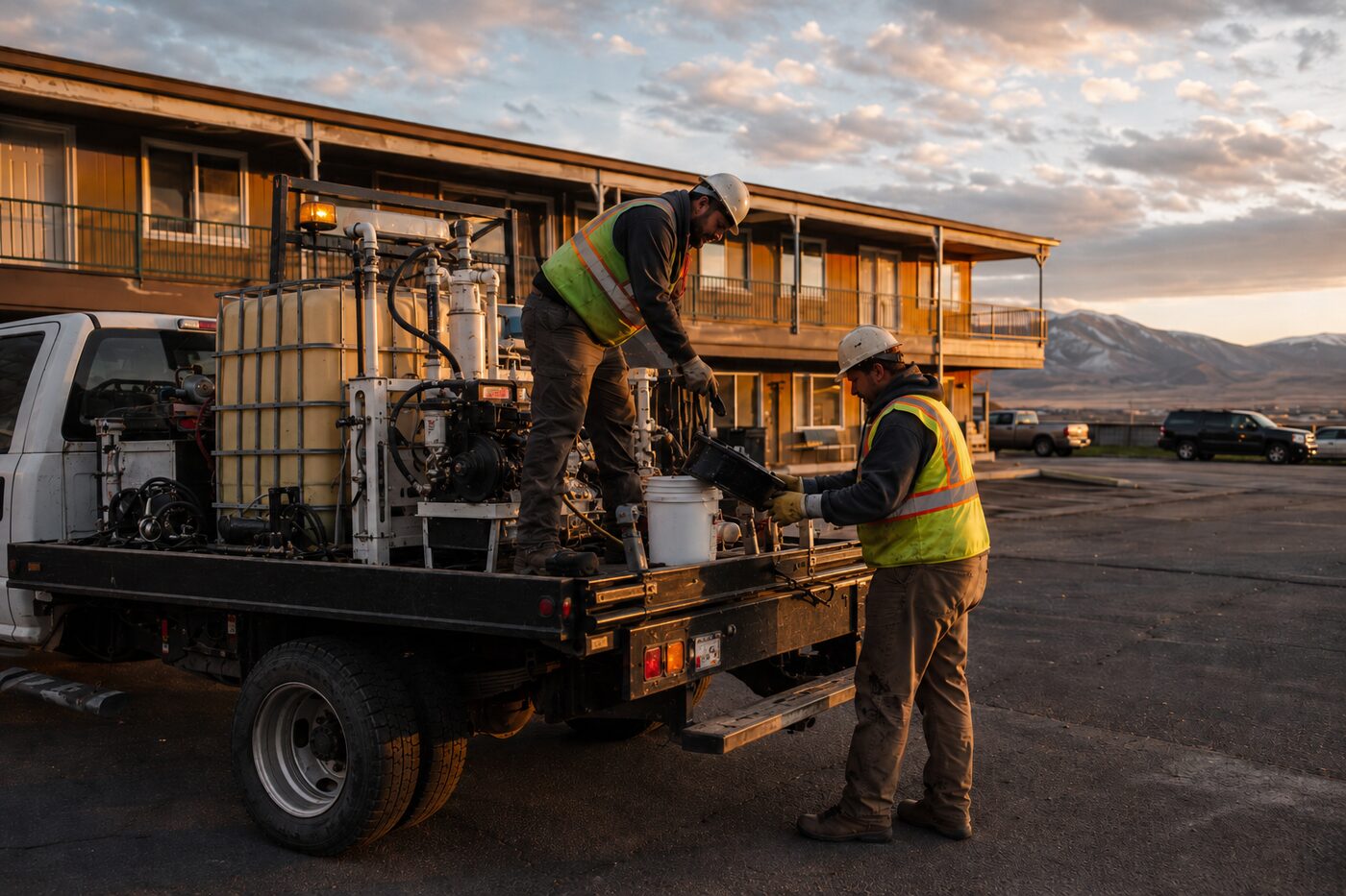 Crew truck at a Montana motel at sunset